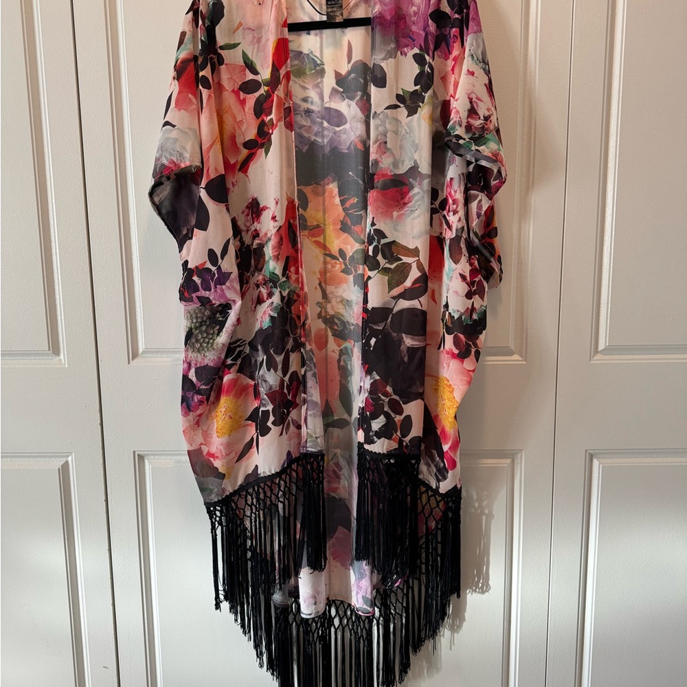 Floral Kimono Swim Coverup with Fringe